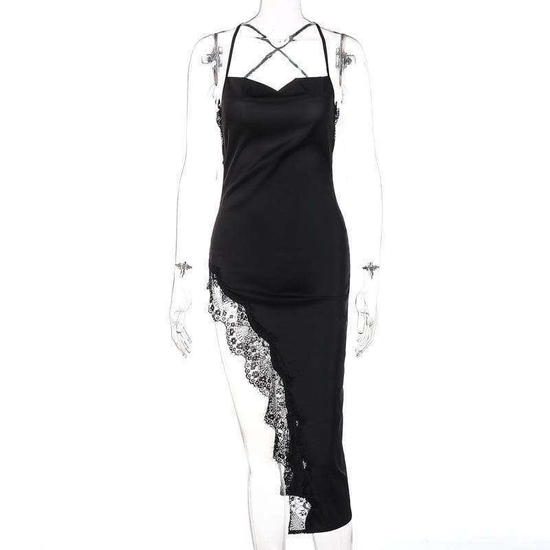 Satin Cowl Neck Spaghetti Strap Lace Trim Cross Back Midi Dress - View 4