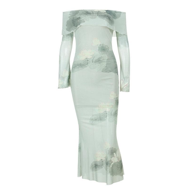 Floral Off Shoulder Long Sleeve Mermaid Maxi Dress - View 2
