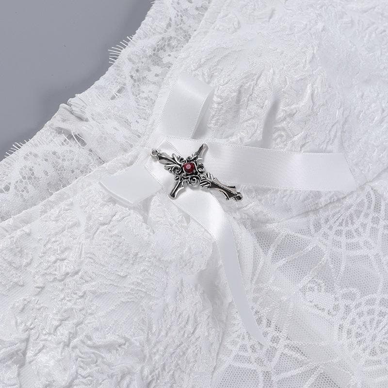 Hollow out off shoulder short sleeve cross applique mini dress - View 5