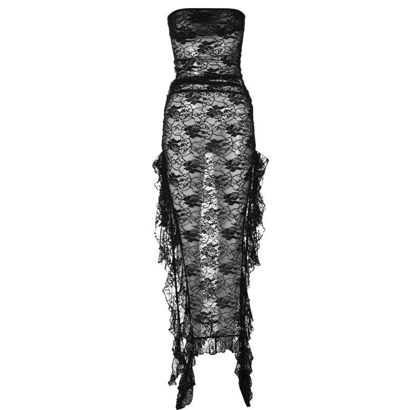Slit ribbon lace see through solid tube maxi dress - View 2