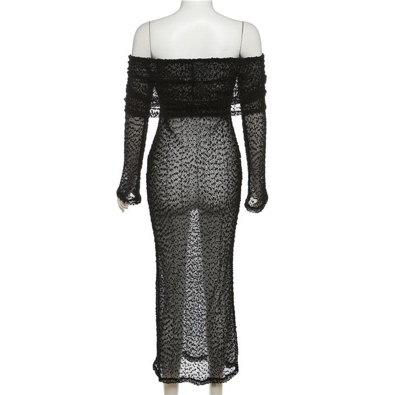 Textured glitter off shoulder long sleeve see through maxi dress - View 5