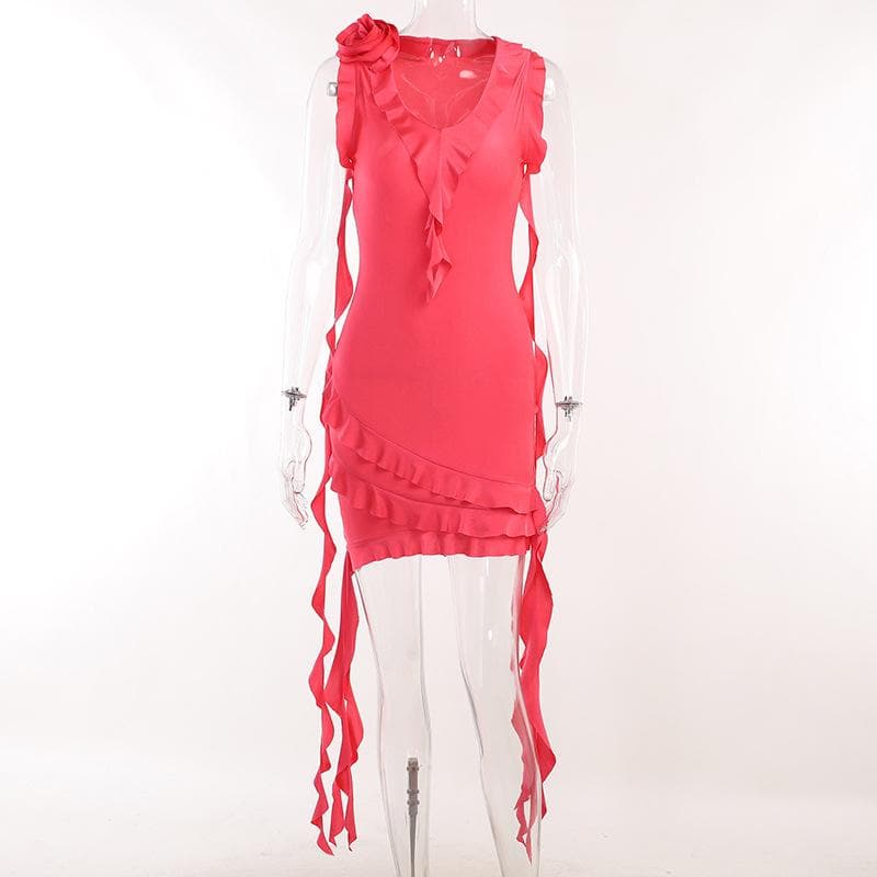 V-Neck Sleeveless Ruffle Flower Applique Asymmetric Mini Dress - View 8