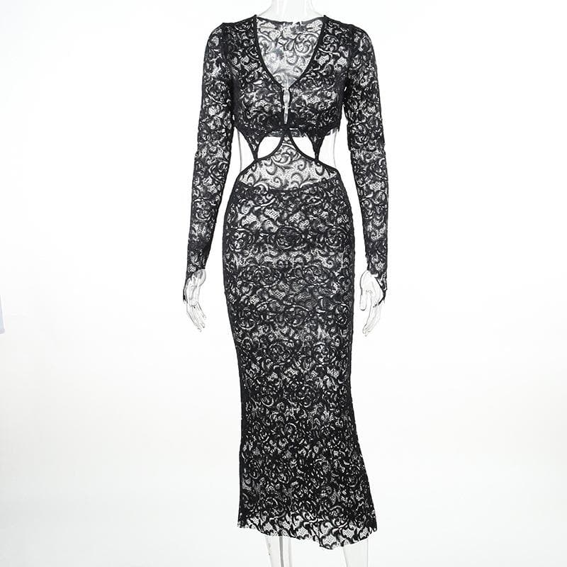 Lace gloves long sleeve button hollow out midi dress - View 9