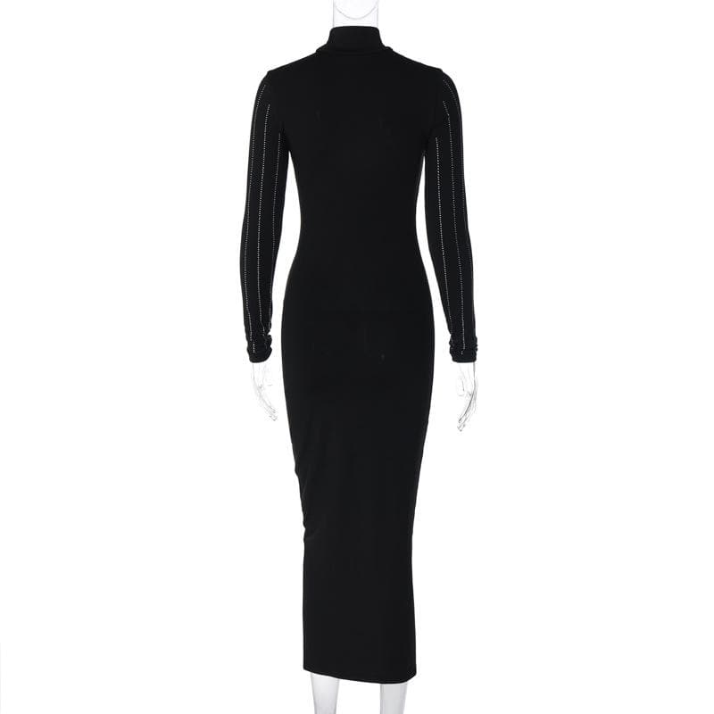 Long sleeve high neck beaded solid midi dress - View 6