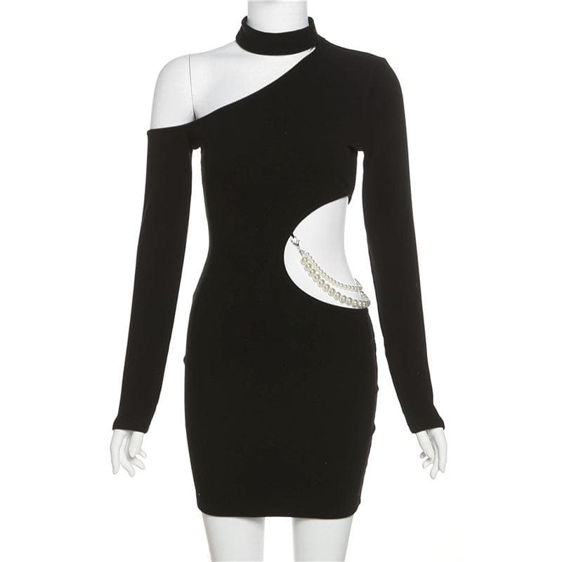 Mock Neck Long Sleeve Asymmetric Shoulder Bodycon Mini Dress - View 2
