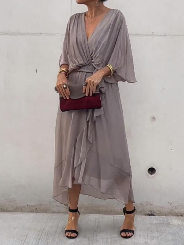 Chiffon Deep V-Neck Batwing Sleeve Tie Waist Ruffle Hem Midi Dress - View 4