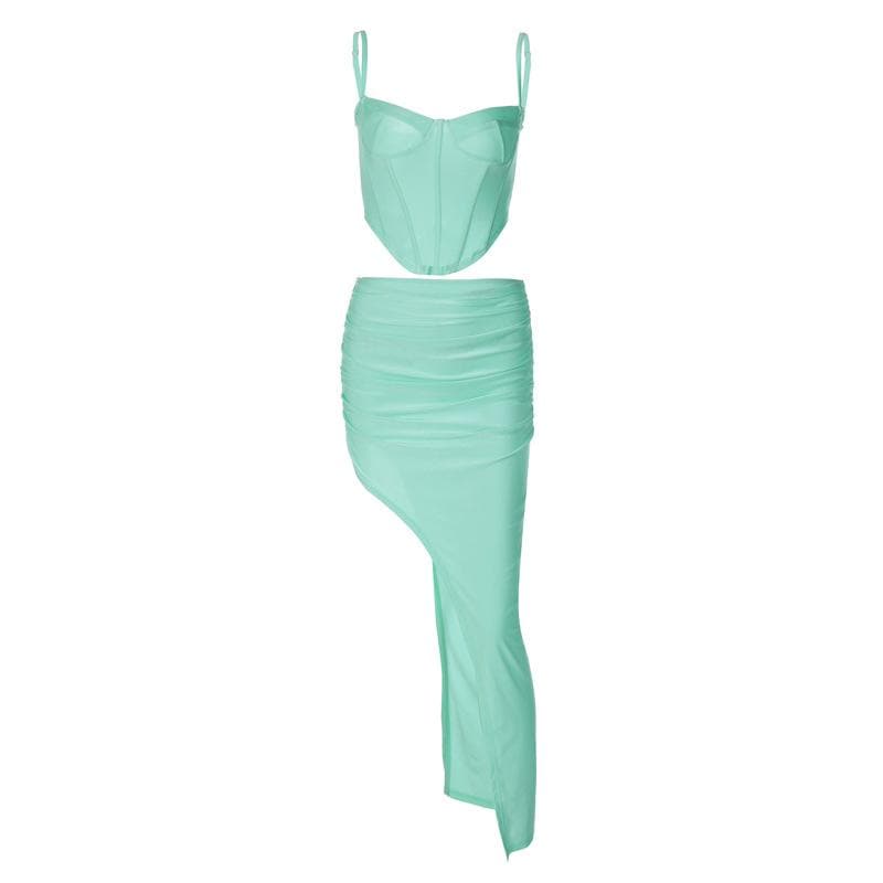 Low Cut Corset Ruched Backless High Split Maxi Dress - View 3