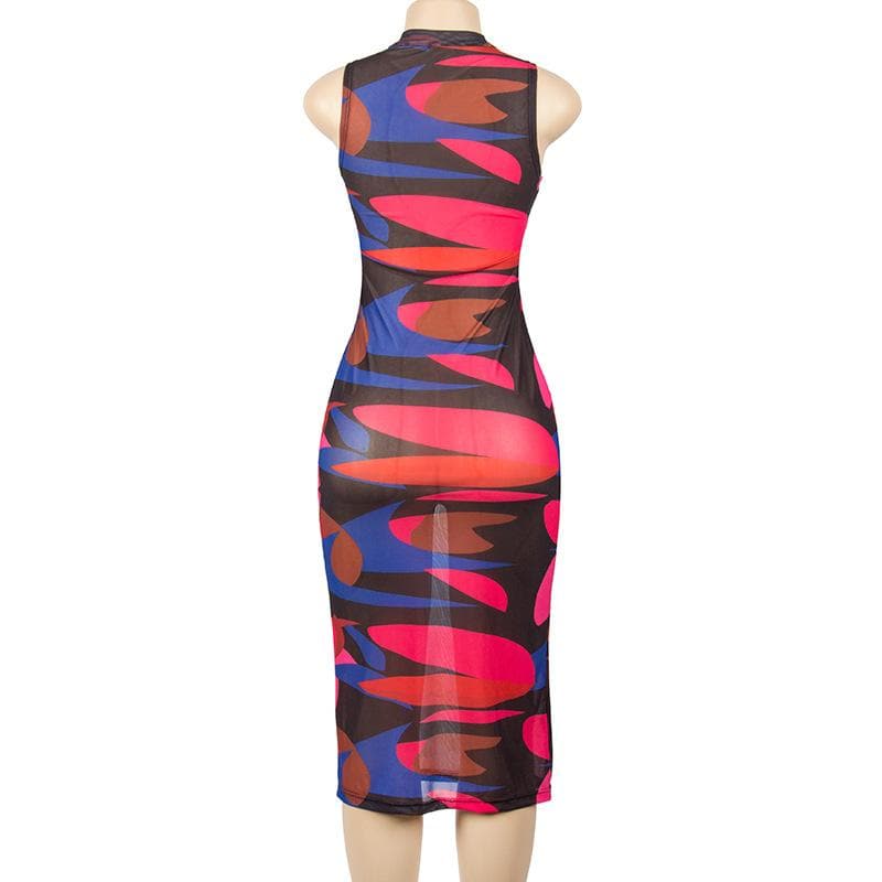 Sleeveless sheer mesh see through contrast print midi dress - View 3