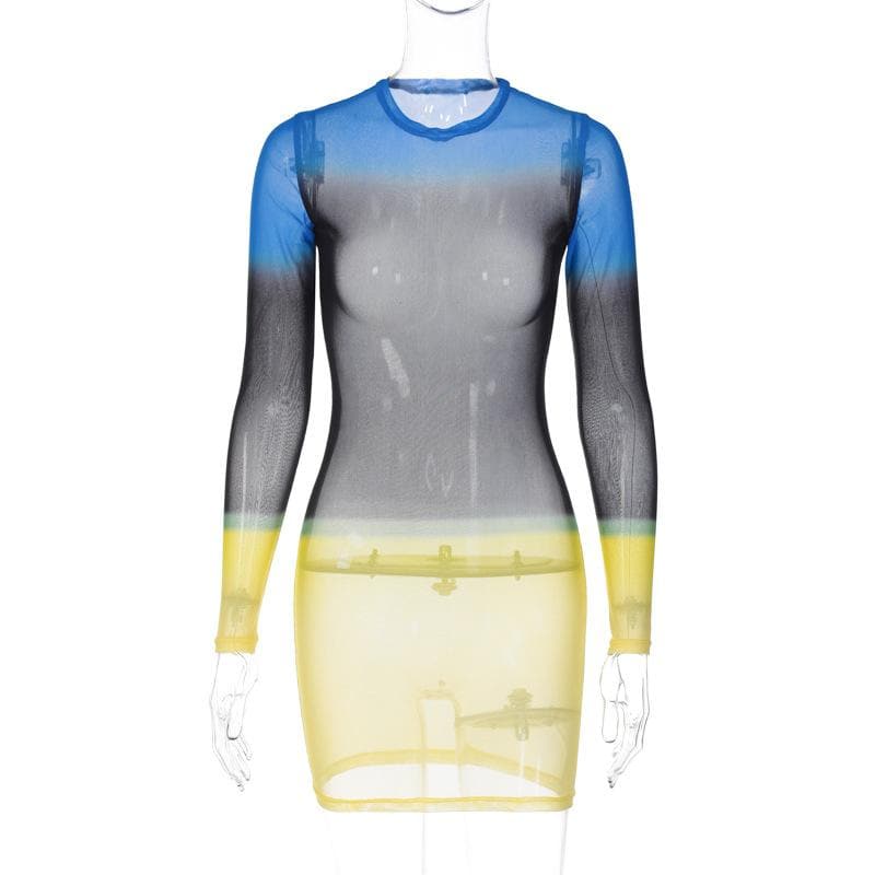 Contrast sheer mesh see through long sleeve crewneck mini dress - View 3