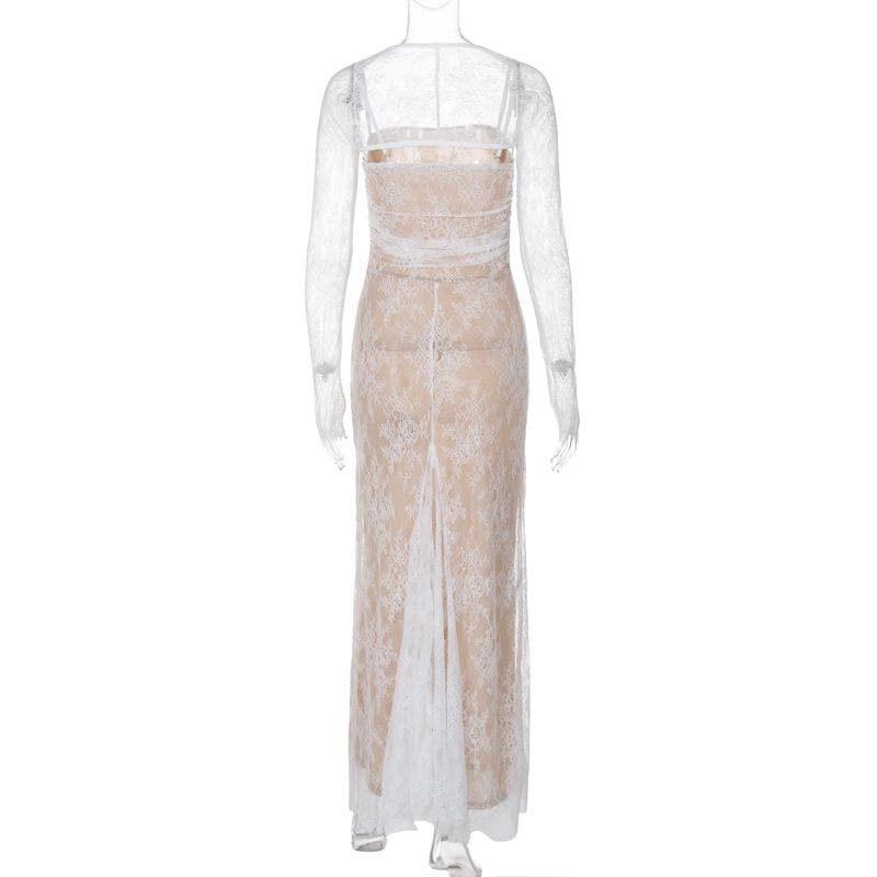 Long sleeve lace zip-up ruched shrug cami maxi dress - View 3