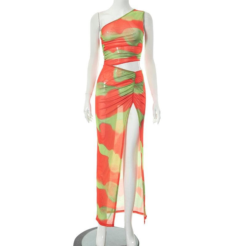 Irregular ruched slit sheer mesh see through tie dye maxi dress - View 8