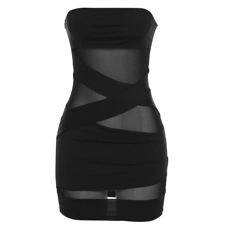Cross front solid mesh backless patchwork tube mini dress - View 2