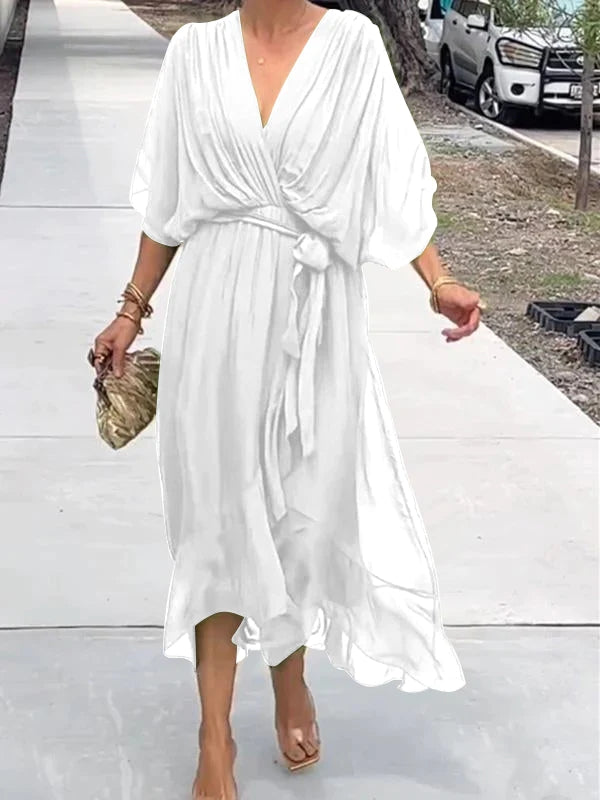 Chiffon Deep V-Neck Batwing Sleeve Tie Waist Ruffle Hem Midi Dress - View 2