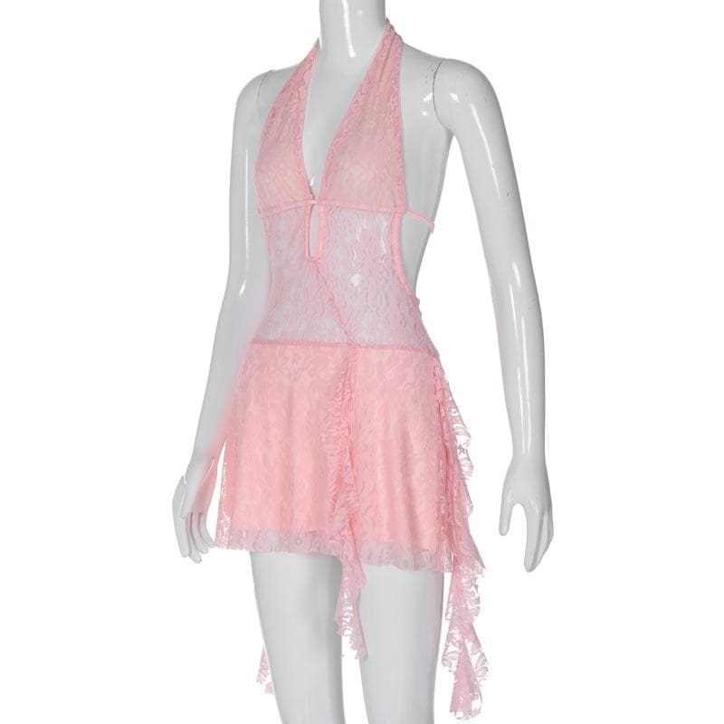 Lace Halter Deep V-Neck Ruffle Mini Dress - View 5