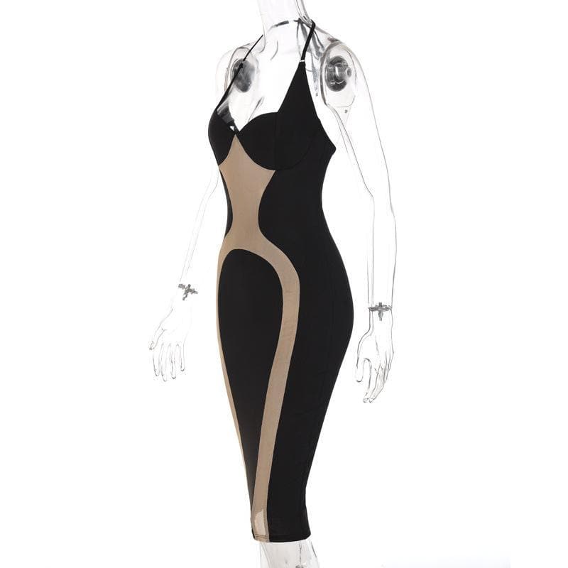 Mesh Halter Neck Spaghetti Strap Cut Out Bodycon Maxi Dress - View 3