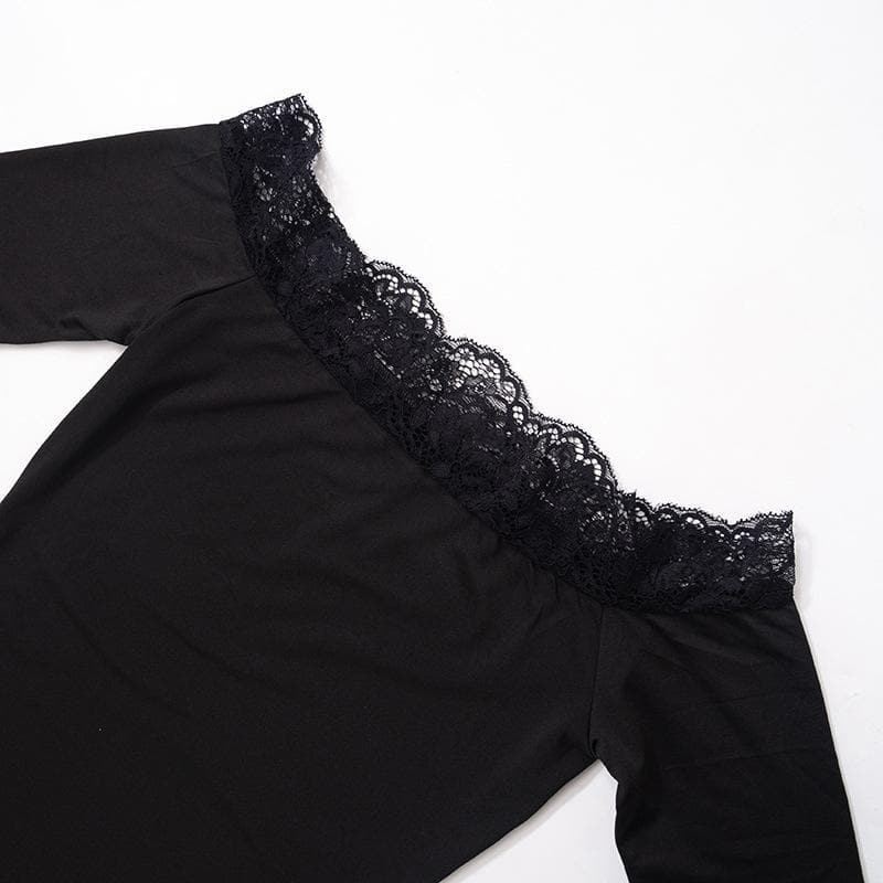 Lace hem solid off shoulder long sleeve mini dress - View 5