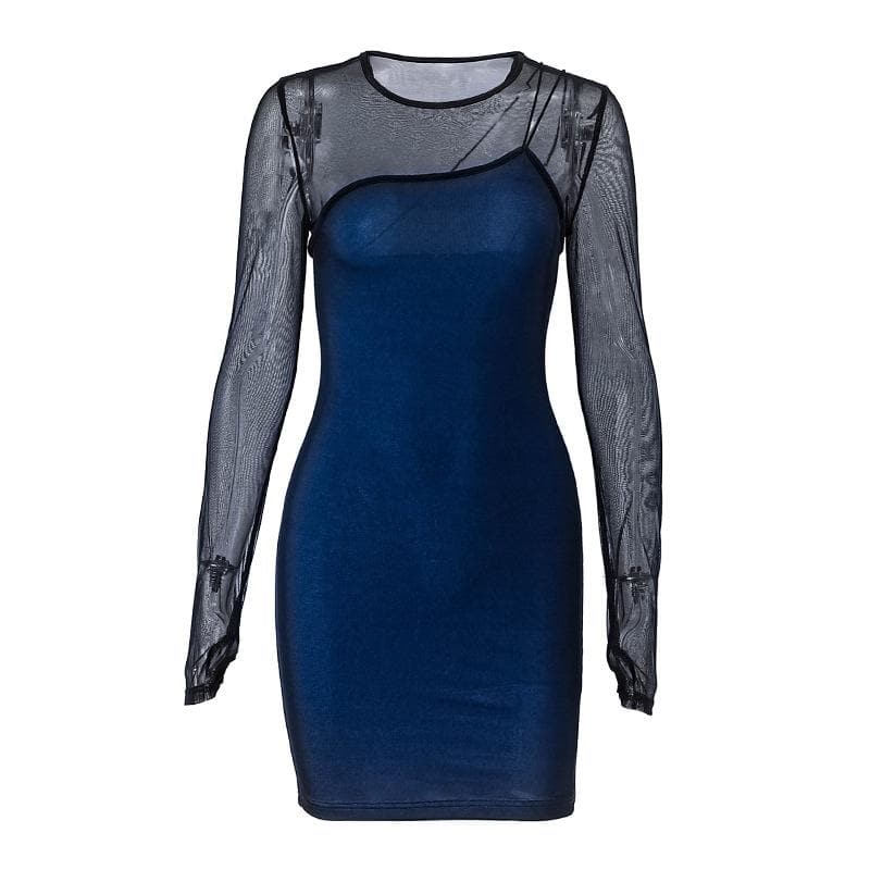 Long sleeve gloves mesh patchwork stitch contrast mini dress - View 2