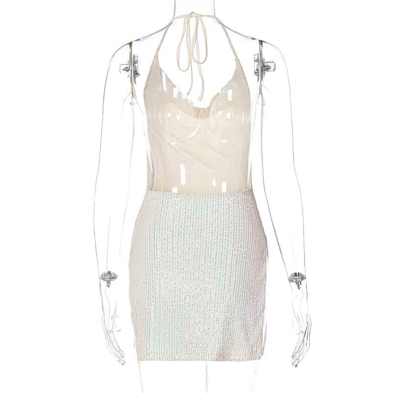 Glitter Cowl Neck Halter Backless High Split Bodycon Mini Dress - View 5