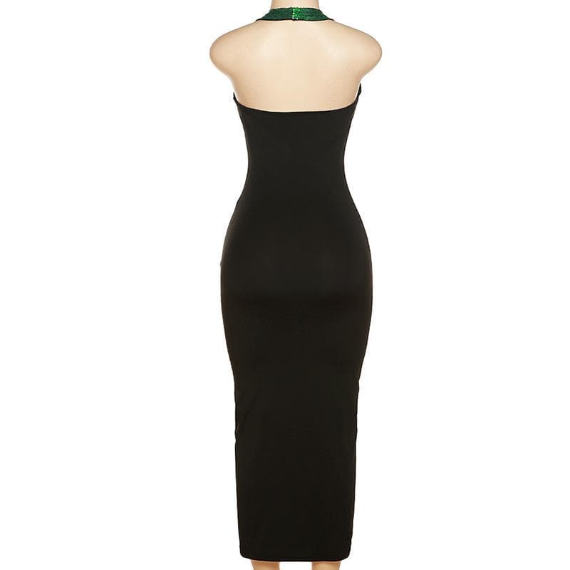 Sequin Halter Neck Cut Out Chain Bodycon Midi Dress - View 3