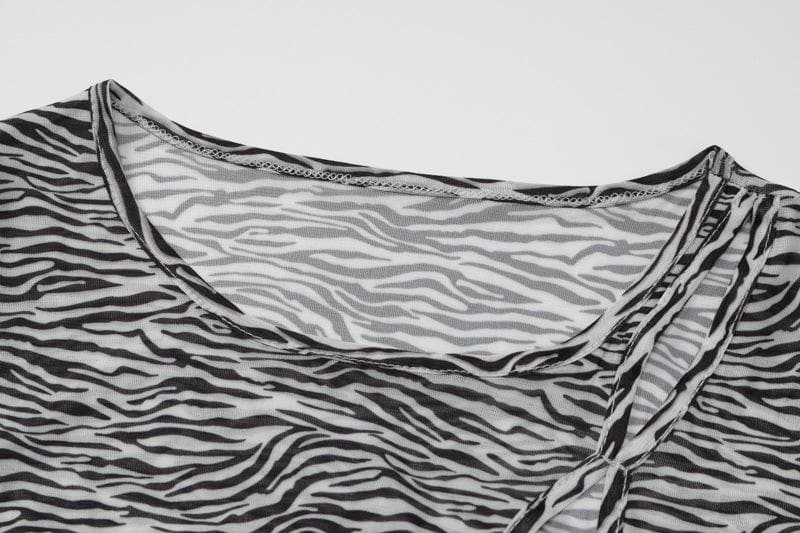 Zebra print hollow out irregular long sleeve sheer mini dress - View 5