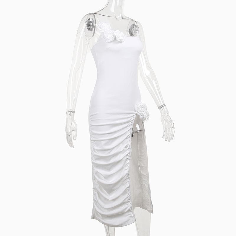 Square Neck Spaghetti Strap Flower Applique Ruched Maxi Dress - View 3