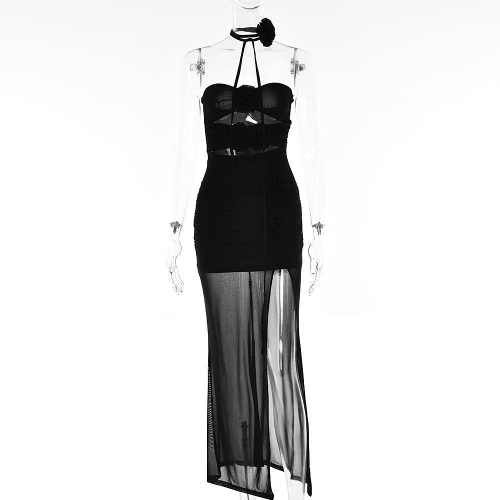 Mesh Strapless Flower Applique Cut Out High Split Maxi Dress - View 3