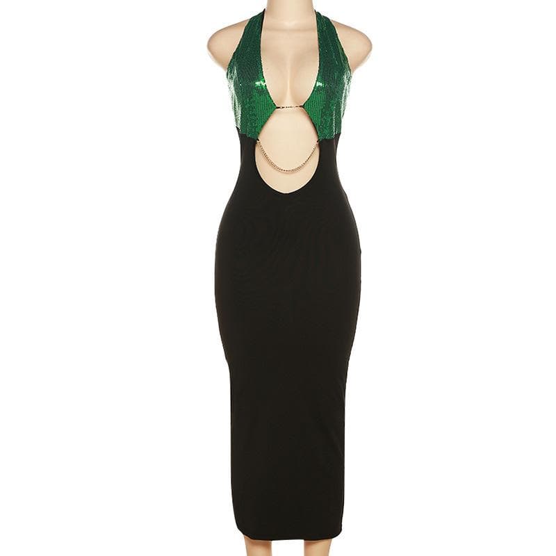 Sequin Halter Neck Cut Out Chain Bodycon Midi Dress - View 2