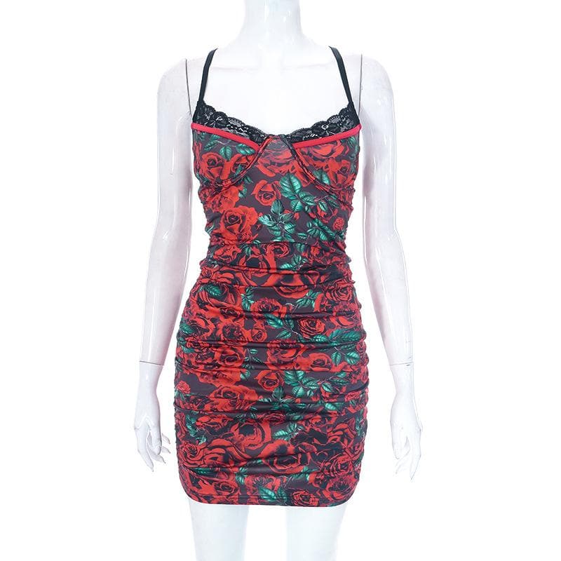 Floral Print Lace Trim Spaghetti Strap Ruched Bodycon Mini Dress - View 9