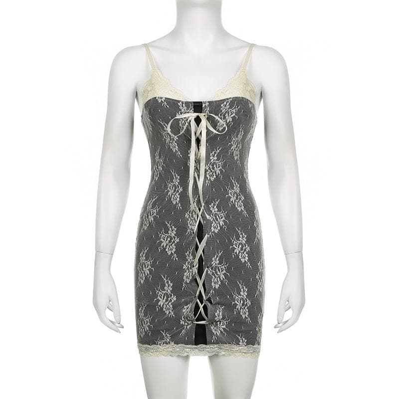 Lace contrast lace up v neck backless 2 piece cami dress - View 3
