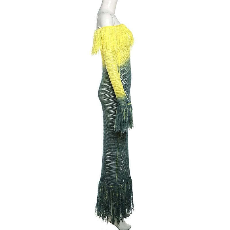 Crochet tassels off shoulder contrast long sleeve maxi dress - View 8