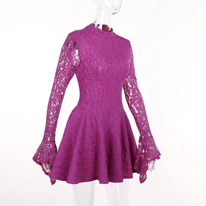 Lace hem long sleeve zip-up lace up backless solid ruffle mini dress - View 7
