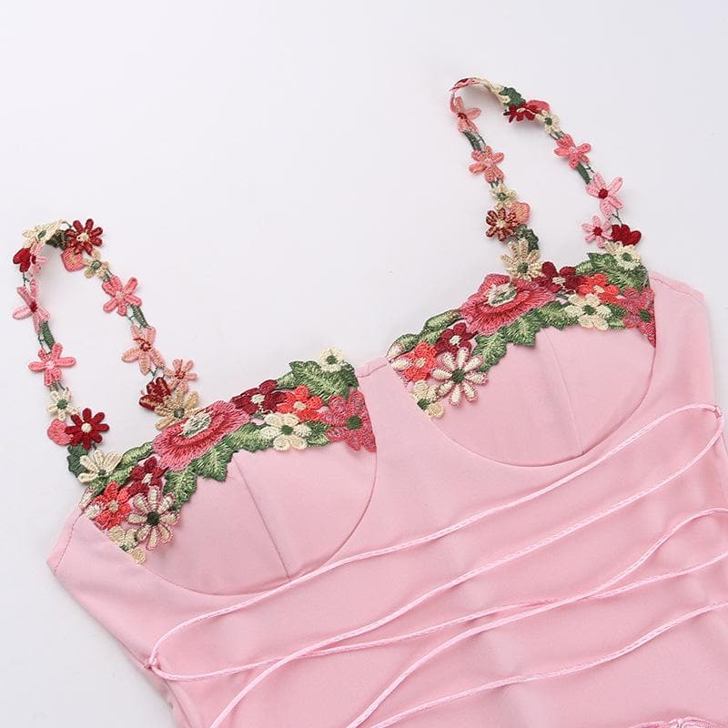 Floral Embroidery Sweetheart Lace Up Mermaid Maxi Dress - View 5