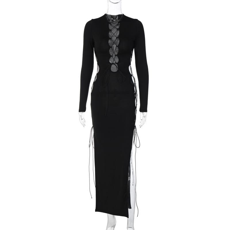Long sleeve solid hollow out slit self tie lace up midi dress - View 3
