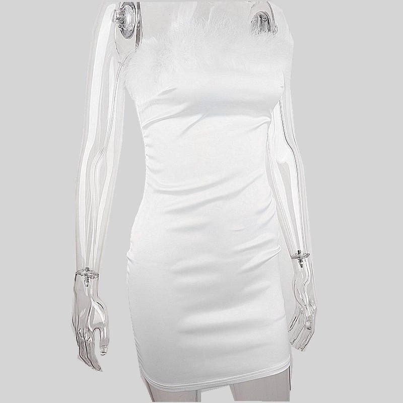 Feather off shoulder solid backless tube dress - View 5