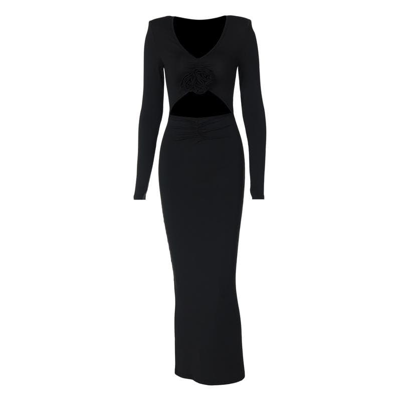 V-Neck Long Sleeve Flower Applique Cut Out Bodycon Maxi Dress
