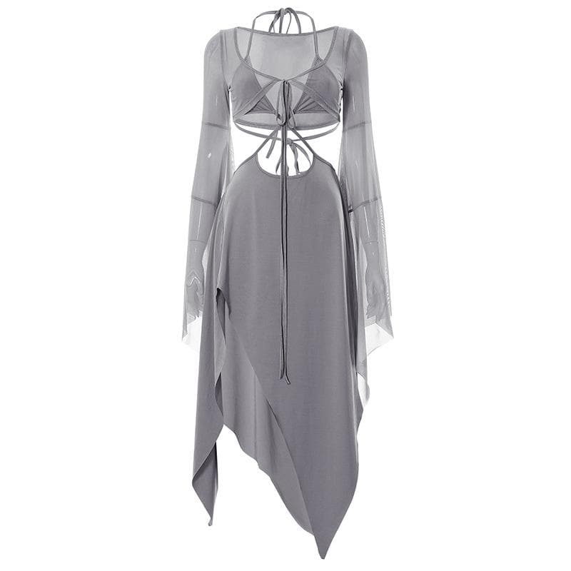 Mesh Halter Neck Flared Sleeve Cut Out High Split Midi Dress - View 3
