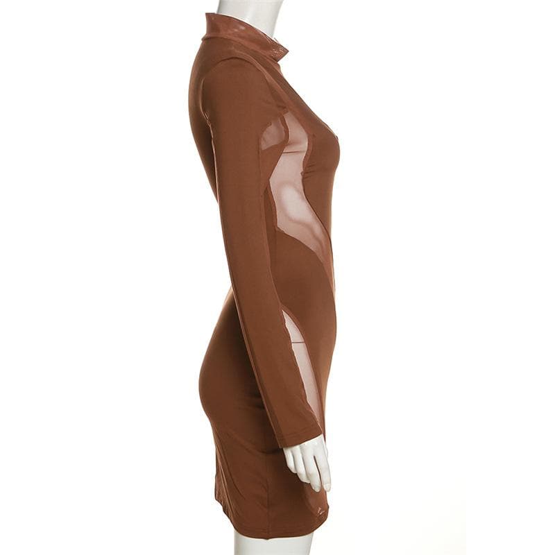Long sleeve irregular high neck solid mesh mini dress - View 7