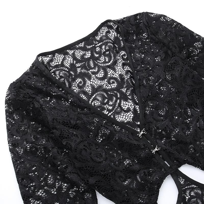 Lace gloves long sleeve button hollow out midi dress - View 5