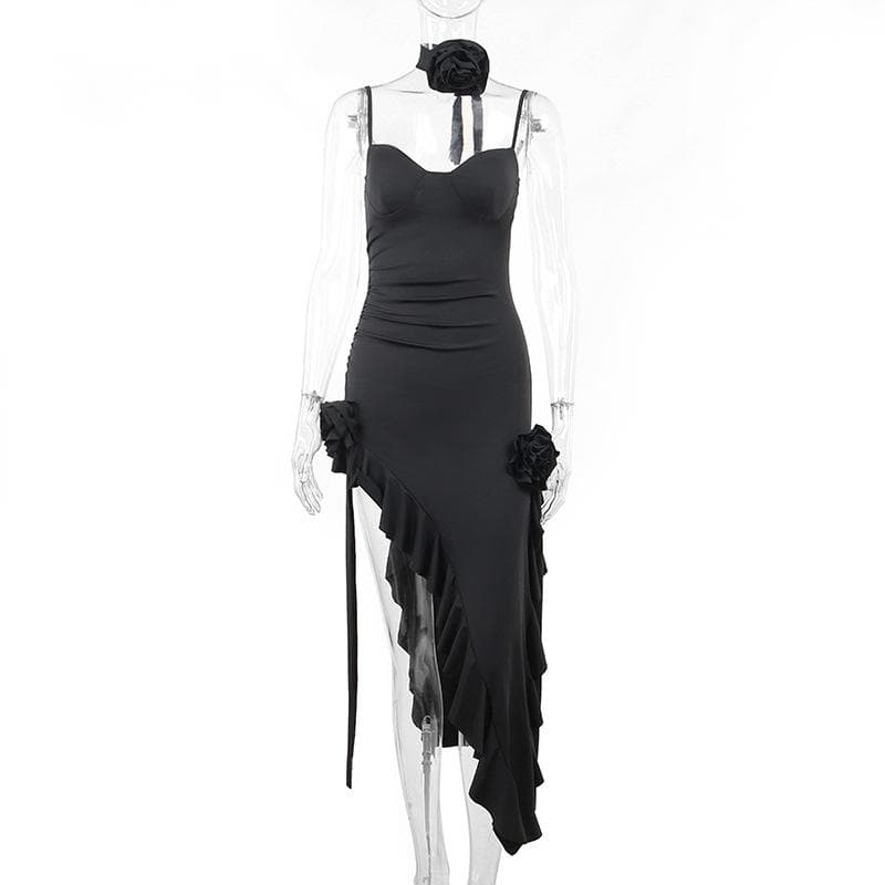 Spaghetti Strap Sweetheart Bustier Ruffle High Split Maxi Dress - View 4
