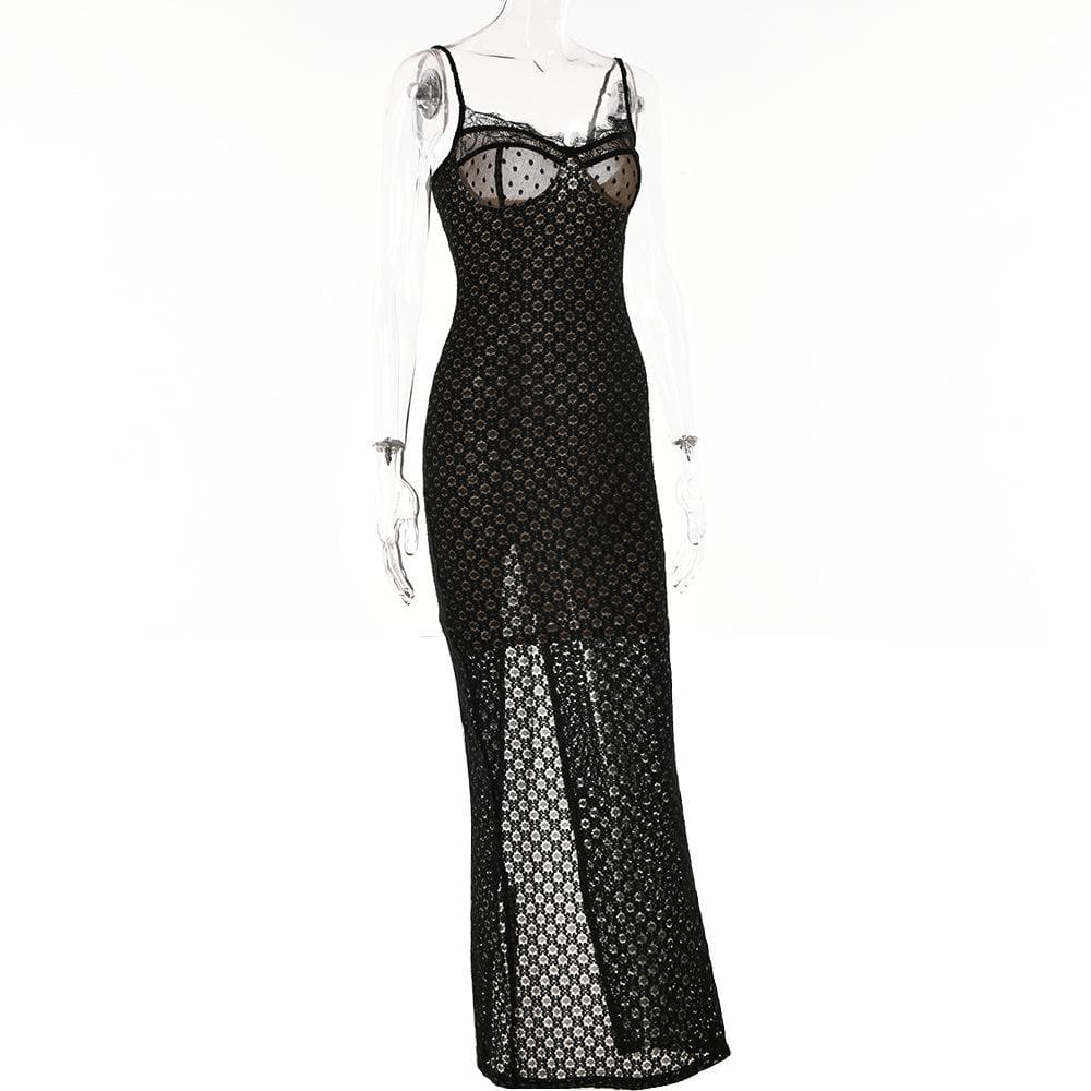 Mesh lace hem zip-up slit solid backless cami midi dress - View 3