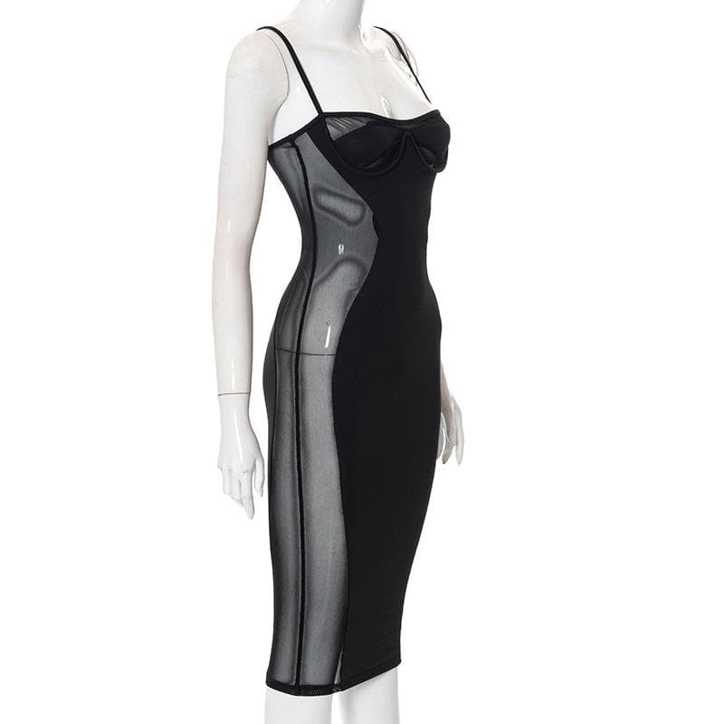 Low Cut Mesh See Through Patchwork Cami midi Dress - View 5