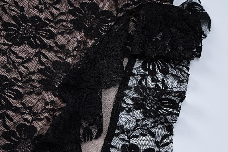 Lace ruffle slit backless ribbon contrast tube midi dress - View 5