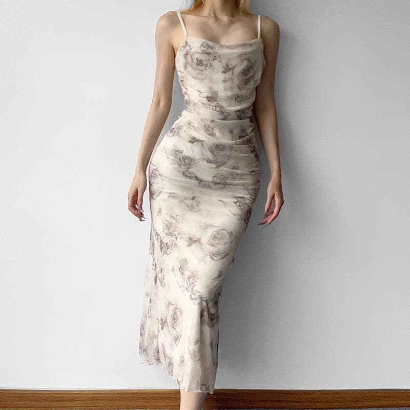 Floral Print Spaghetti Strap Ruched Mermaid Maxi Dress - View 3