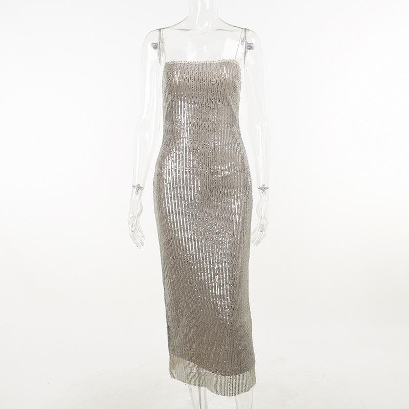 Glitter spaghetti strap zip-up slit backless midi dress - View 2