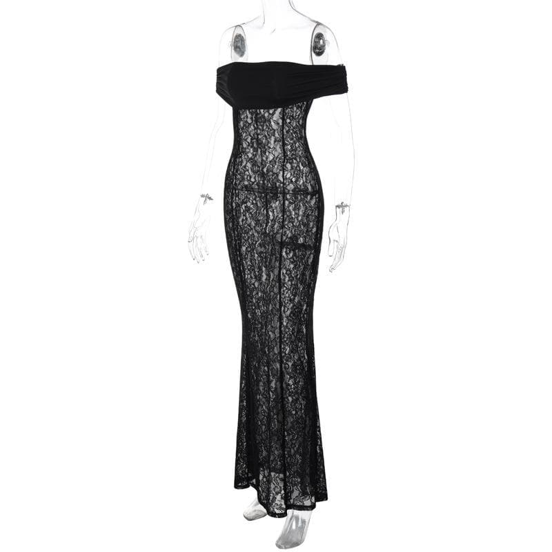 Lace off shoulder see through solid ruched maxi dress - View 3