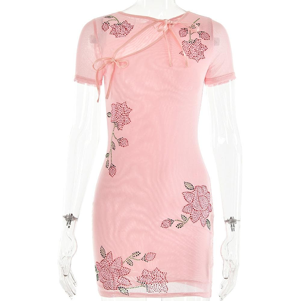 Beaded sheer mesh see through self tie short sleeve mini dress - View 8
