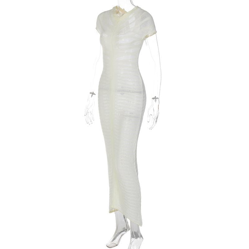 Short Sleeve Open Knit Pointelle Striped Bodycon Maxi Dress - View 4