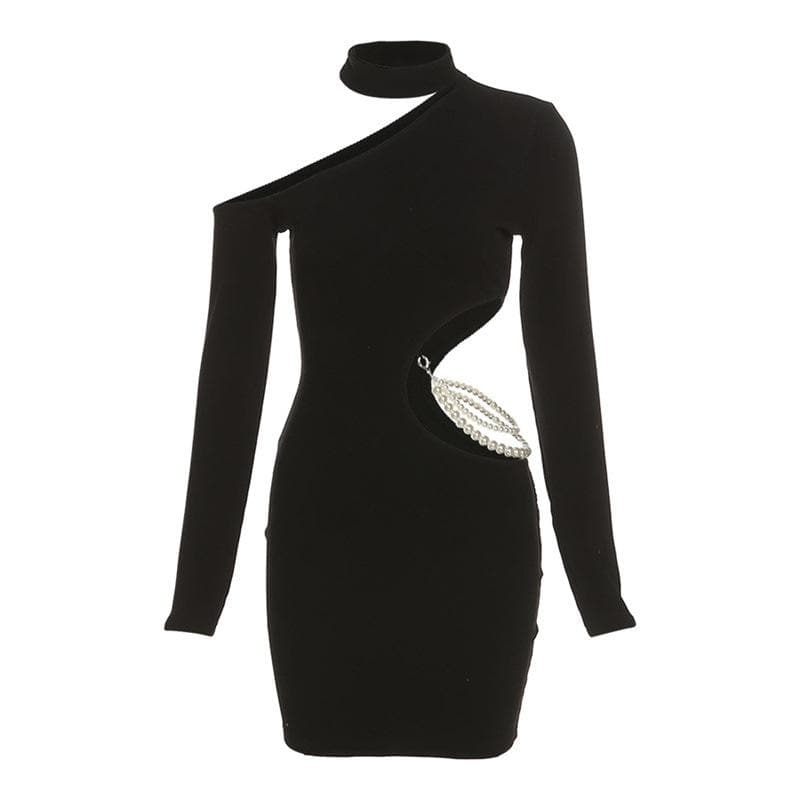 Mock Neck Long Sleeve Asymmetric Shoulder Bodycon Mini Dress