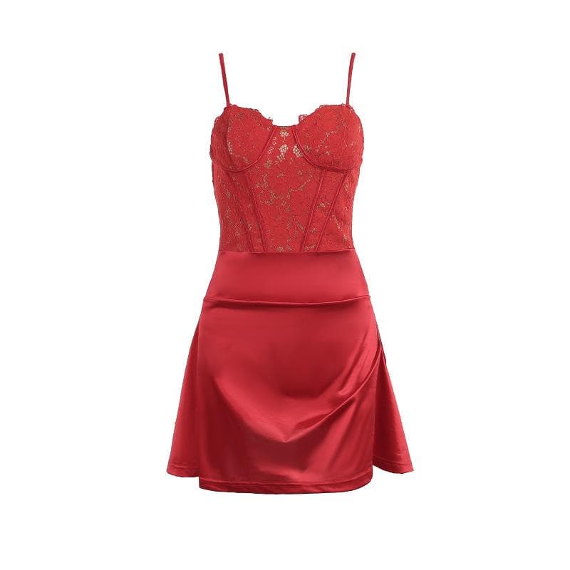 Lace Satin Sweetheart Corset Ruched Mini Dress