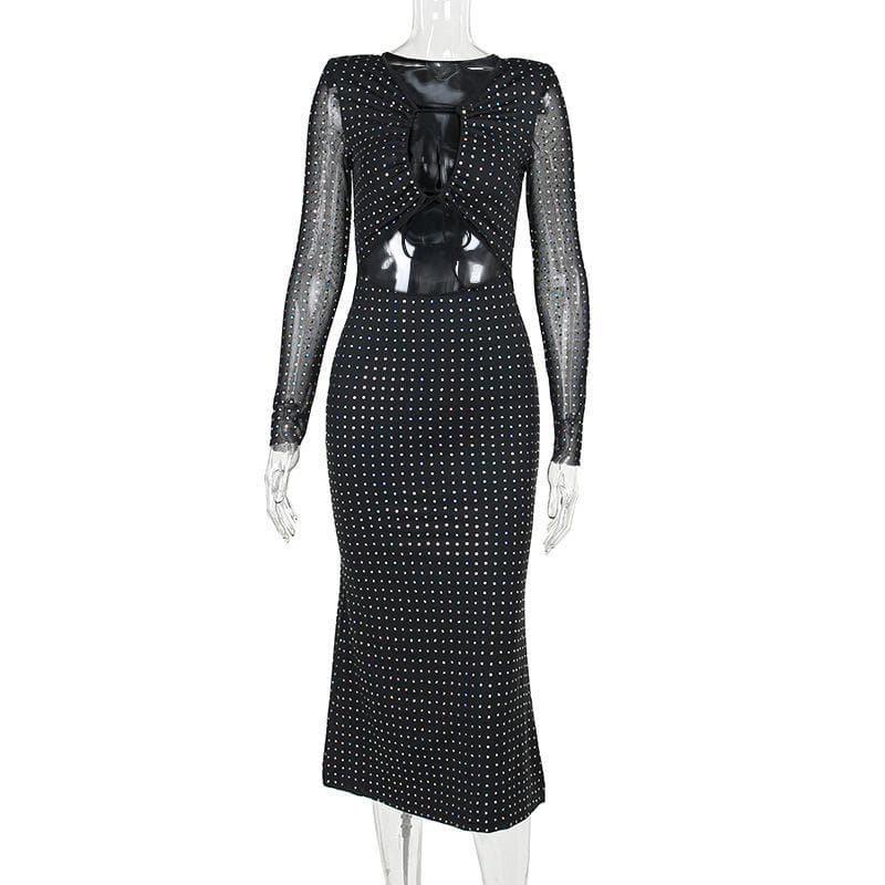 Polka dot contrast hollow out long sleeve mesh midi dress - View 9